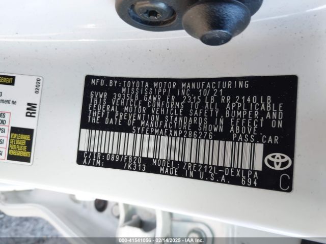 5YFEPMAEXNP286276 Toyota COROLLA LE