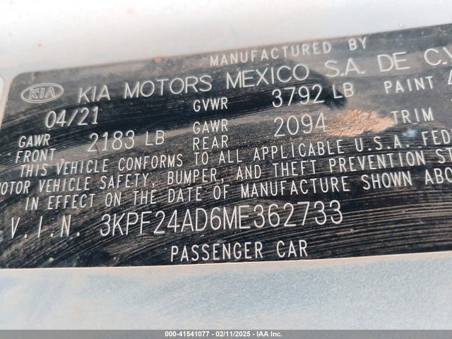 3KPF24AD6ME362733 KIA Forte Lxs