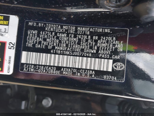 4T1B11HK5JU077048 Toyota CAMRY SE