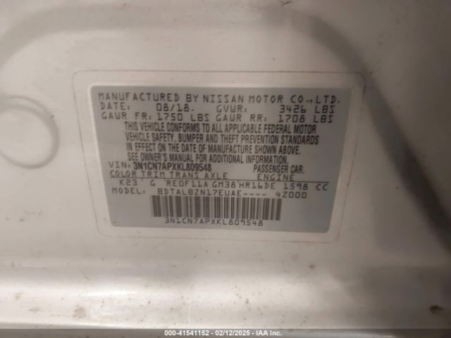 3N1CN7APXKL809548 Nissan Versa 1.6 Sv