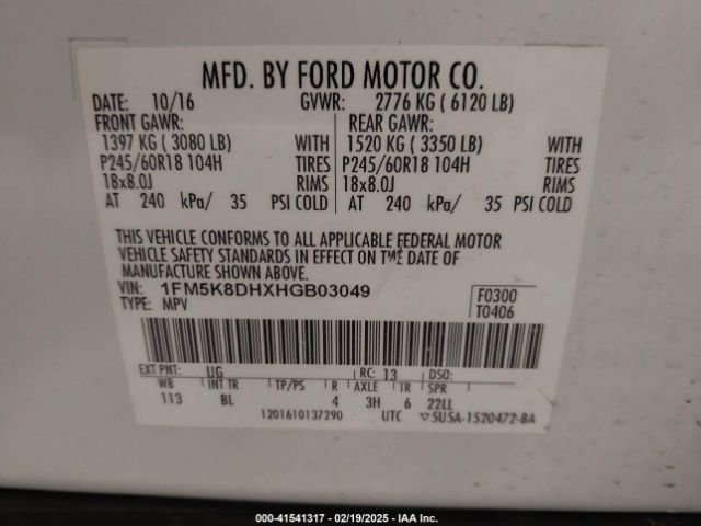 1FM5K8DHXHGB03049 Ford EXPLORER XLT