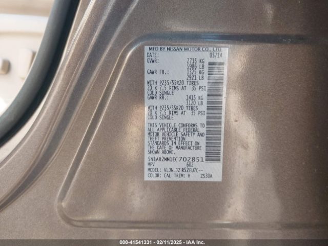 5N1AR2MM1EC702851 Nissan Pathfinder Platinum