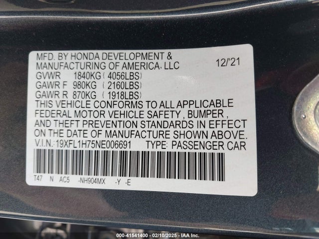 Honda Civic Ex-l 2022 19XFL1H75NE006691 Image 9