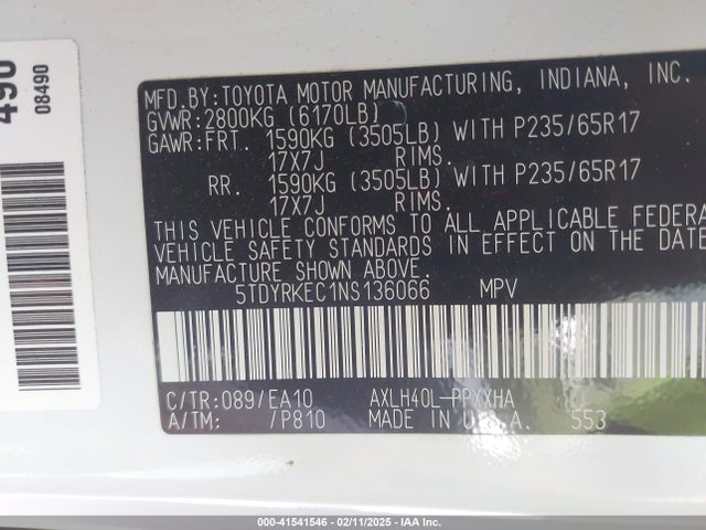 5TDYRKEC1NS136066 Toyota SIENNA XLE