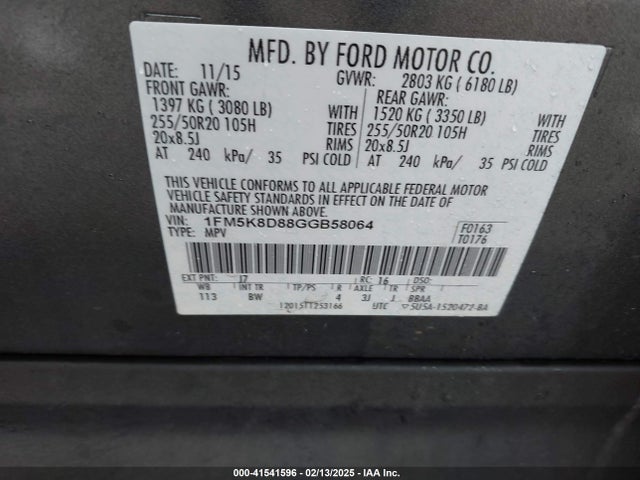 1FM5K8D88GGB58064 Ford EXPLORER XLT
