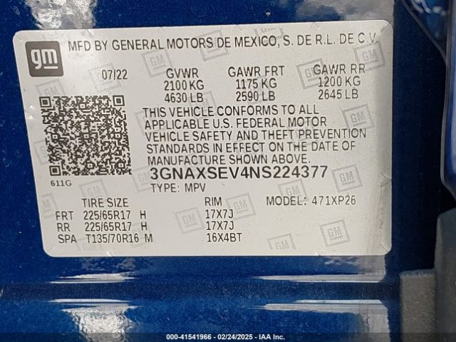 3GNAXSEV4NS224377 Chevrolet Equinox Awd Ls