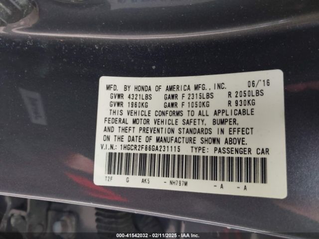 1HGCR2F86GA231115 Honda Accord Ex-l