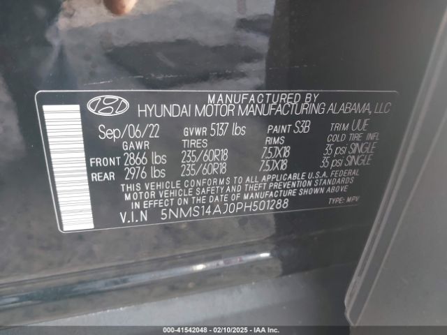 5NMS14AJ0PH501288 Hyundai Santa Fe Se