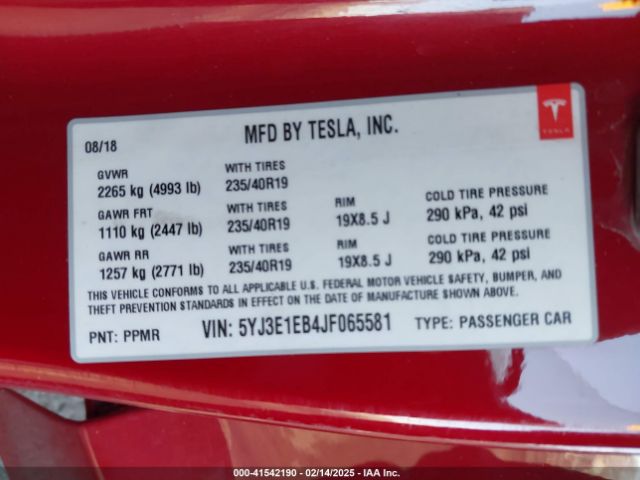 5YJ3E1EB4JF065581 Tesla Model 3 Long Range/performance