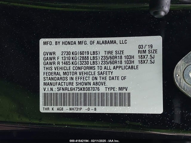 Honda Odyssey Ex-l 2019 5FNRL6H75KB087076 Image 9