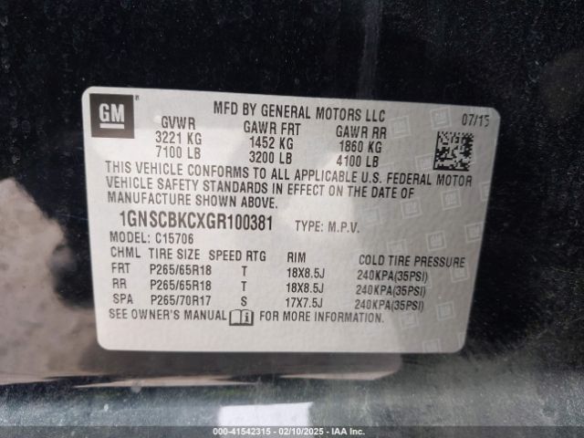 1GNSCBKCXGR100381 Chevrolet Tahoe Lt