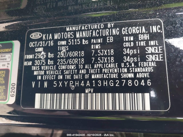 5XYPH4A13HG278046 KIA Sorento 2.0t Ex