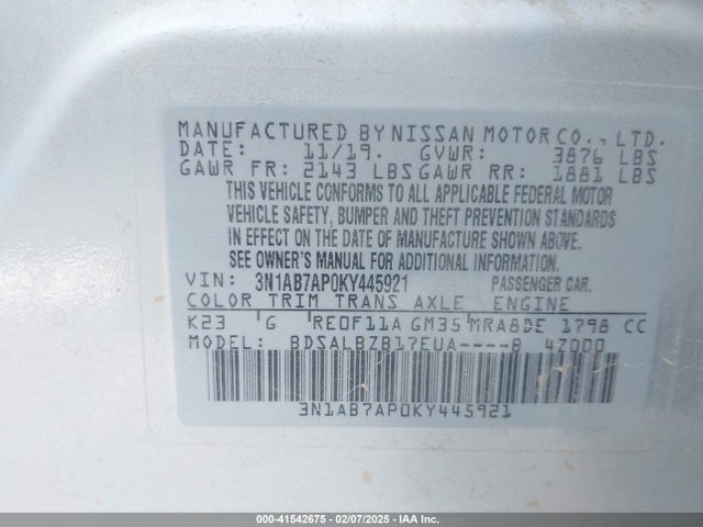 Nissan SENTRA S 2019 3N1AB7AP0KY445921 Image 9