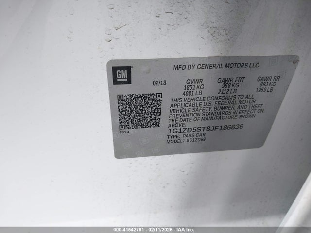 1G1ZD5ST8JF186636 Chevrolet lfv - direct injection, variable valve timing, gen 1