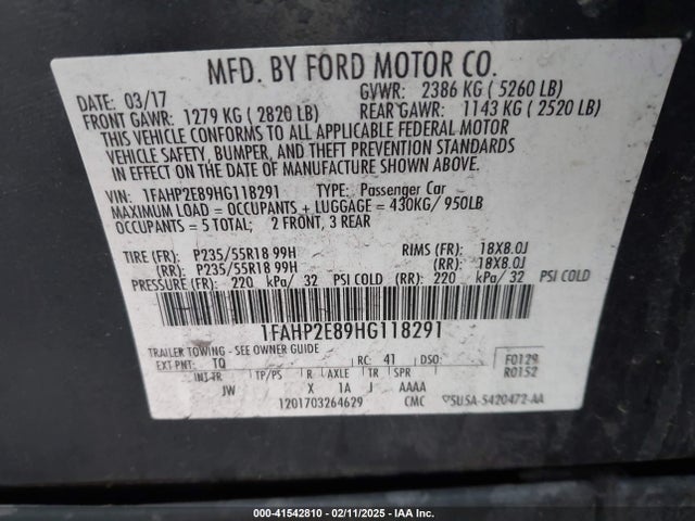 Ford TAURUS SEL 2017 1FAHP2E89HG118291 Image 9
