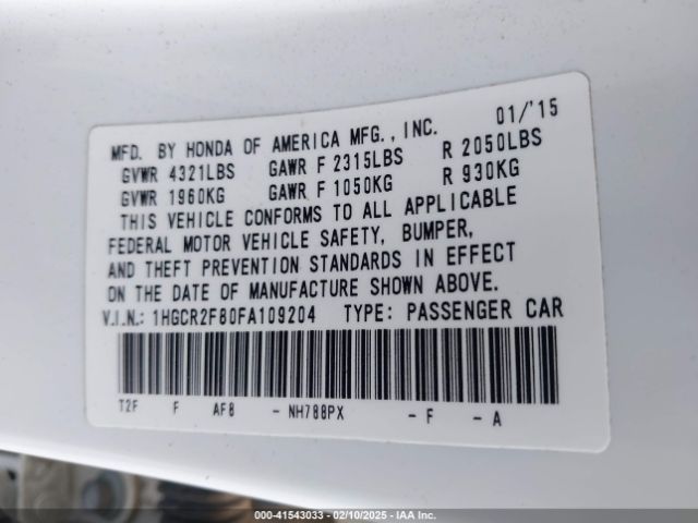1HGCR2F80FA109204 Honda Accord Ex-l