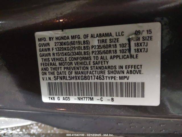 5FNRL5H9XGB017463 Honda Odyssey Touring/touring Elite