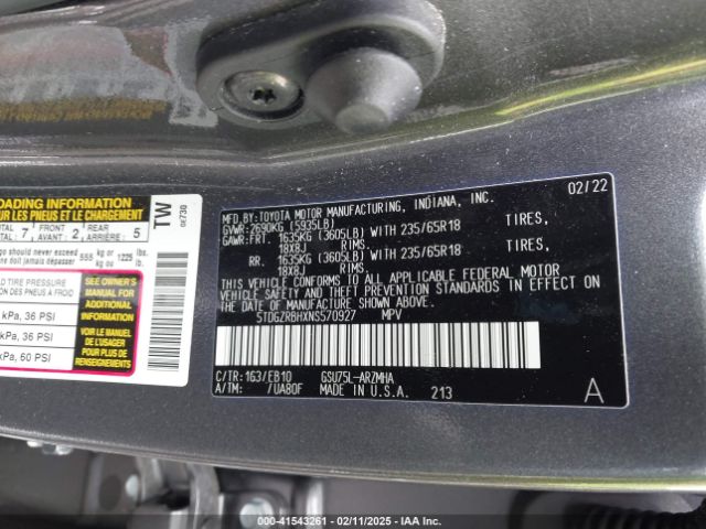 5TDGZRBHXNS570927 Toyota Highlander Xle