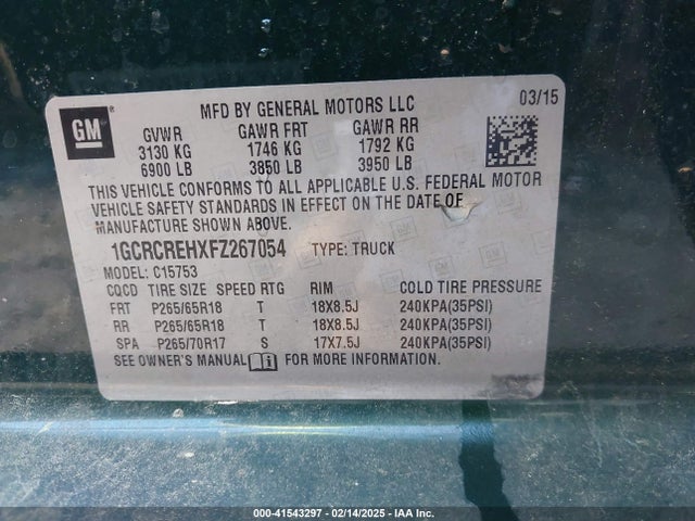 1GCRCREHXFZ267054 Chevrolet Silverado 1500 2lt