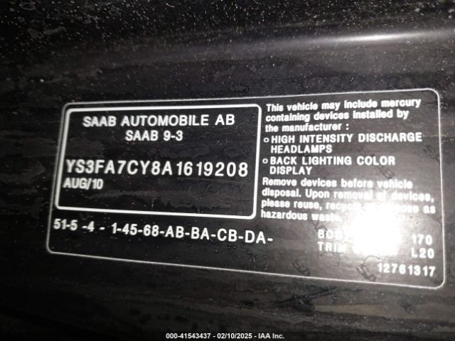 2010 SAAB 9-3 YS3FA7CY8A1619208 Photo 8