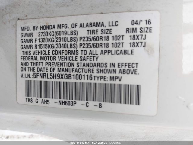 5FNRL5H9XGB100116 Honda Odyssey Touring/touring Elite