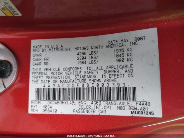 2008 MITSUBISHI ECLIPSE SPYDER 4A3AL25F88E003793 Photo 8