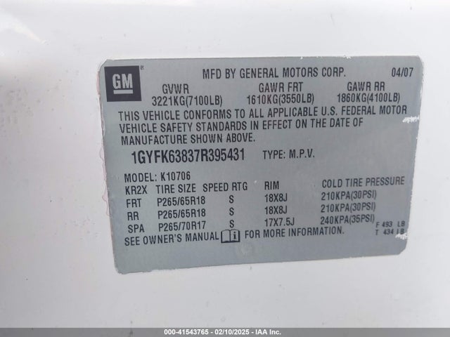 2007 CADILLAC ESCALADE 1GYFK63837R395431 Photo 8