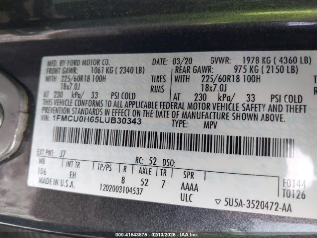 1FMCU0H65LUB30343 Ford ESCAPE SEL