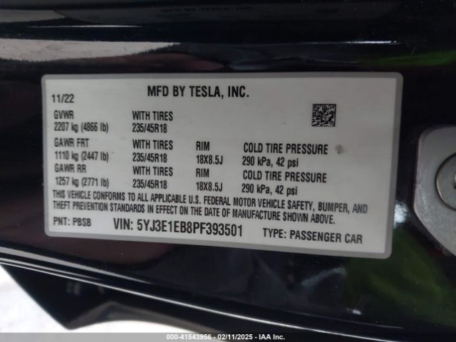 5YJ3E1EB8PF393501 Tesla Model 3 Long Range Dual Motor All-wheel Drive