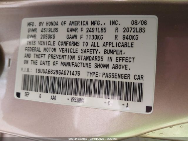 2006 ACURA TL 19UUA66286A071476 Photo 8