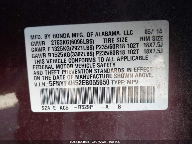5FNYF4H52EB055650 Honda Pilot Ex-l