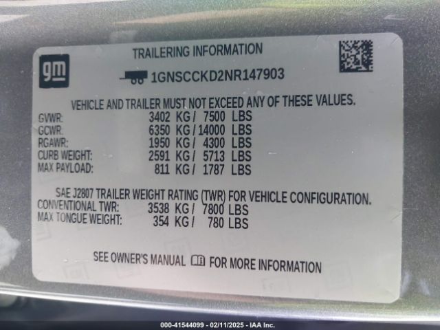 1GNSCCKD2NR147903 Chevrolet Suburban 2wd Lt