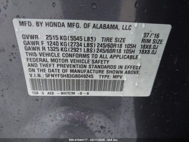 5FNYF5H83GB049245 Honda Pilot Ex-l
