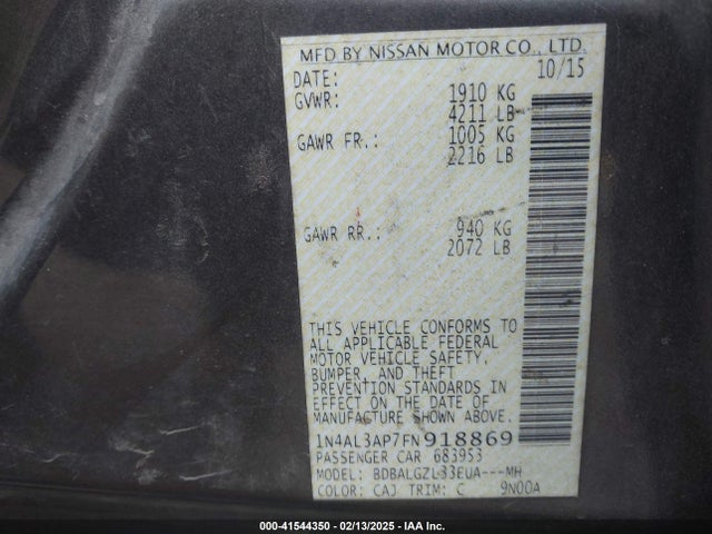 Nissan Altima 2.5 S 2015 1N4AL3AP7FN918869 Image 9