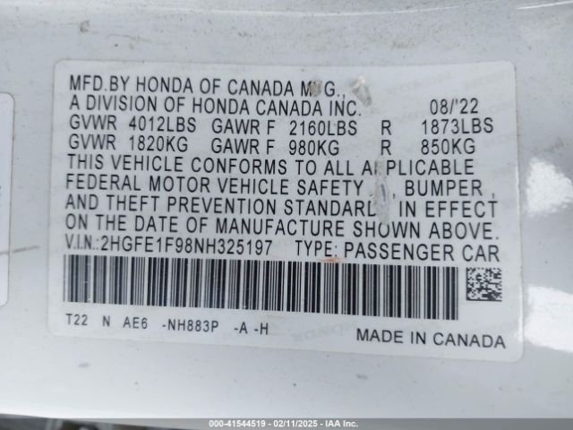 2HGFE1F98NH325197 Honda Civic Touring