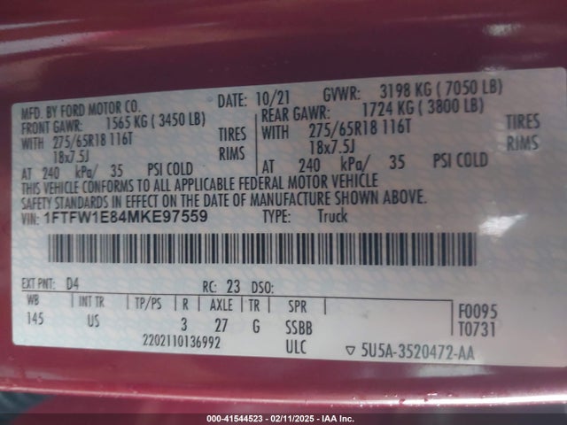 1FTFW1E84MKE97559 Ford F-150 Xlt