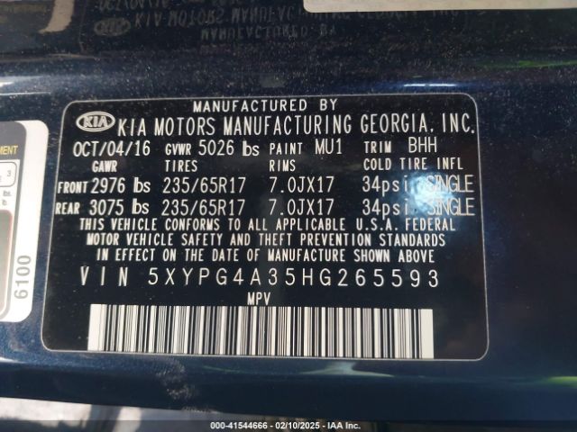 5XYPG4A35HG265593 KIA Sorento 2.4l Lx