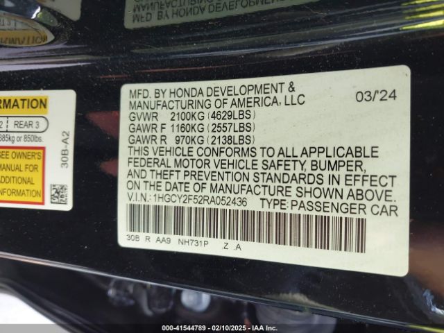 1HGCY2F52RA052436 Honda Accord Hybrid Sport