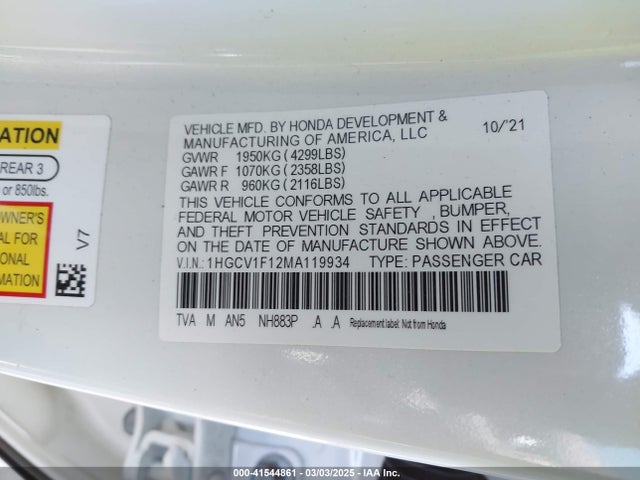 1HGCV1F12MA119934 Honda ACCORD LX