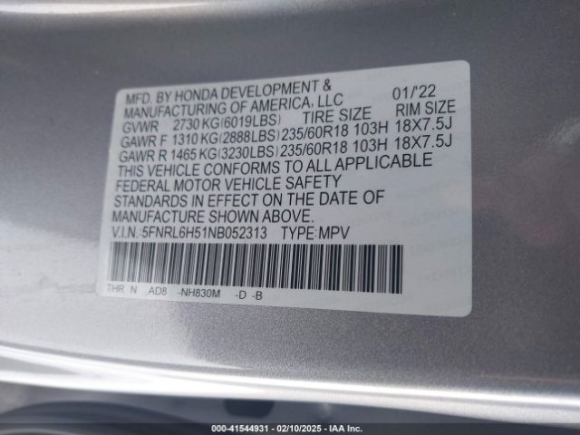5FNRL6H51NB052313 Honda ODYSSEY EX