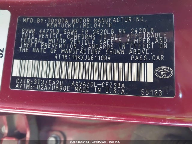 4T1B11HKXJU611094 Toyota CAMRY SE