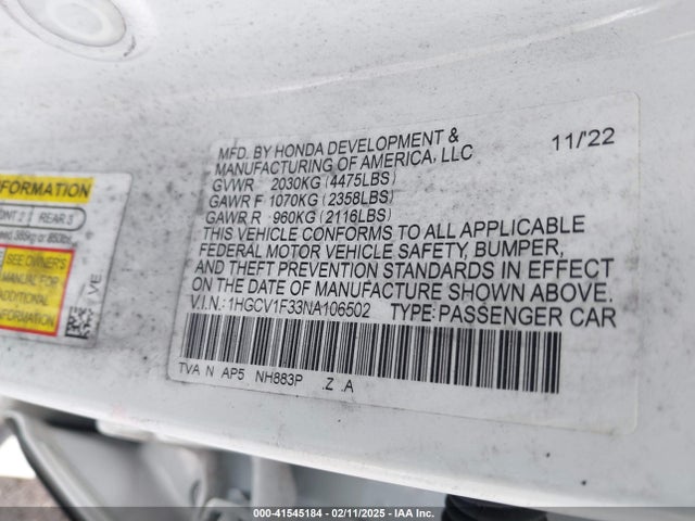 1HGCV1F33NA106502 Honda Accord Sport