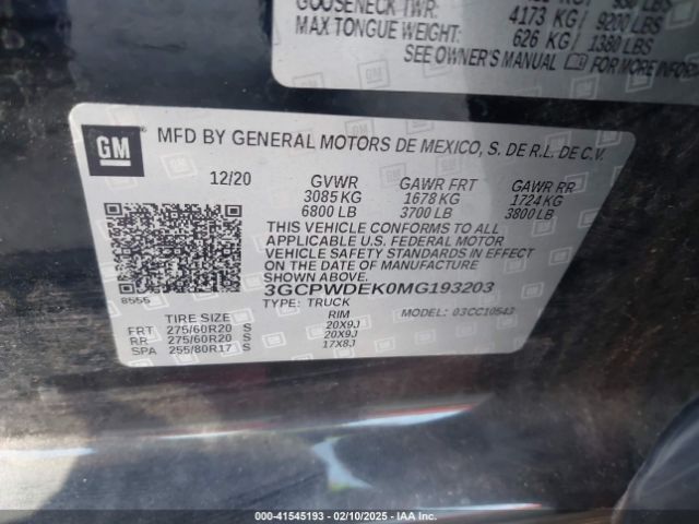 3GCPWDEK0MG193203 Chevrolet Silverado 1500 2wd  Short Bed Rst