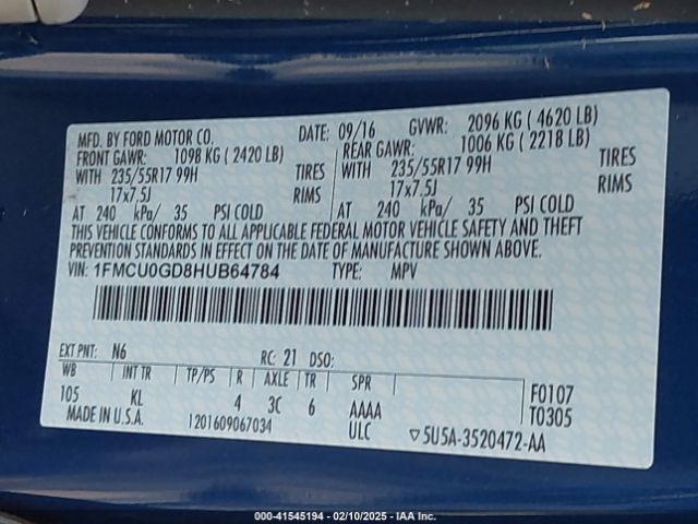 1FMCU0GD8HUB64784 Ford ESCAPE SE