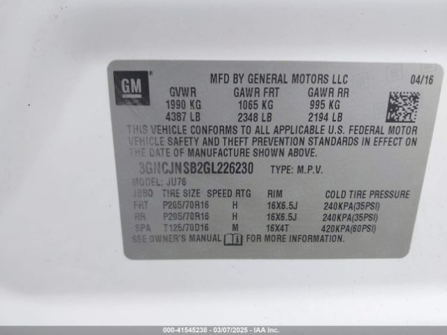 3GNCJNSB2GL226230 Chevrolet Trax 1ls