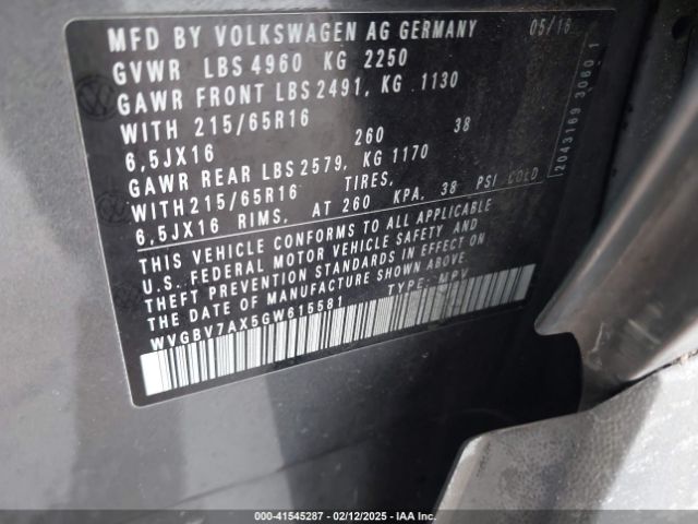 WVGBV7AX5GW615581 Volkswagen TIGUAN S