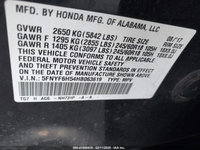 5FNYF6H54HB063619 Honda Pilot Ex-l