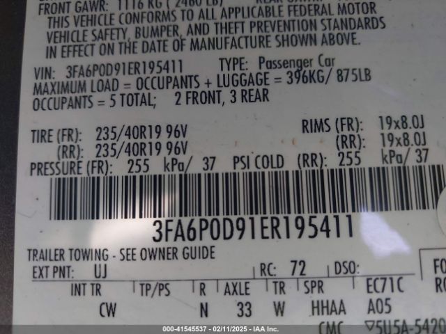 3FA6P0D91ER195411 Ford Fusion Titanium