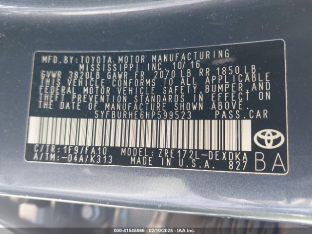 5YFBURHE6HP599523 Toyota COROLLA L