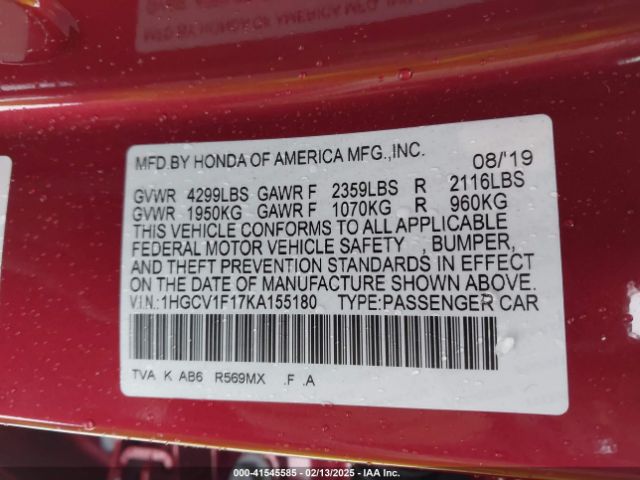 1HGCV1F17KA155180 Honda ACCORD LX